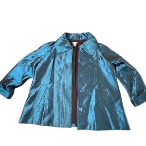 Chicos size 2 Jacket Taffeta 3/4 Sleeve Collared Green Blue Button Closure Lined